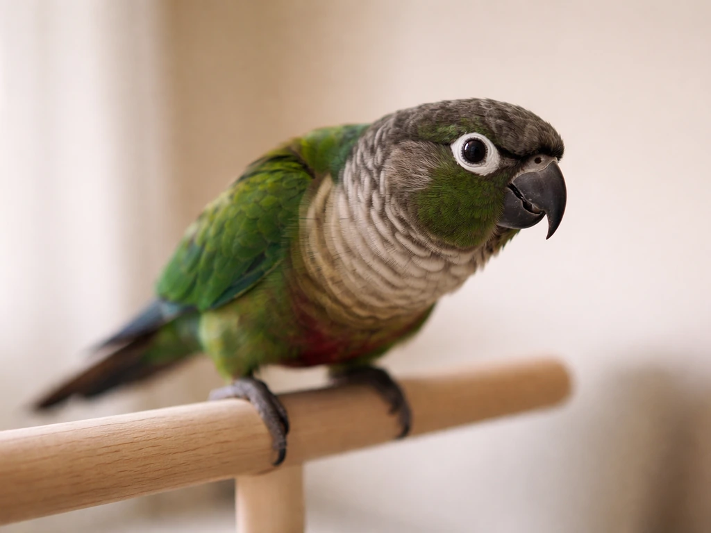 Close-up of a tense parrot on a perch, head turned away, poised to nip as communication.