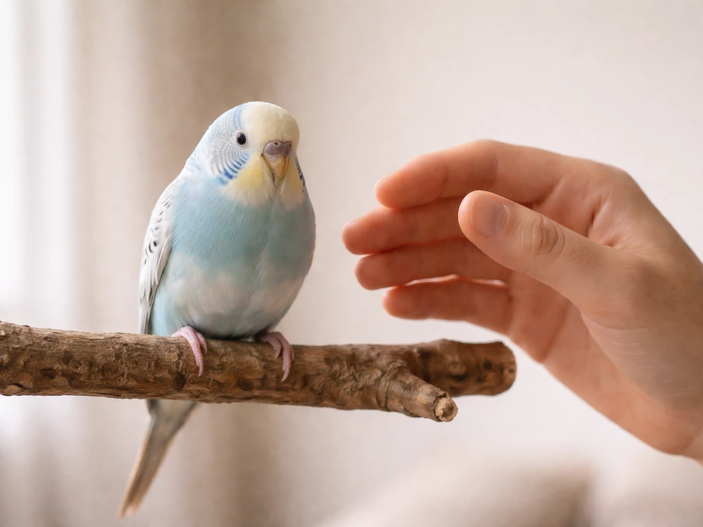 Trainer’s still hand approaches a calm bird on a perch in a quiet room, showing gradual safe-contact.
