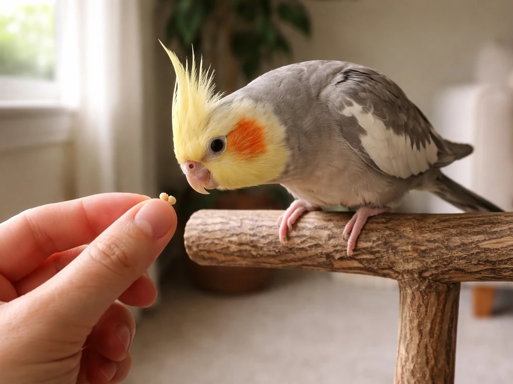 Cockatiel perched on a wooden stand as a hand offers a treat at a gentle, consent-based distance.