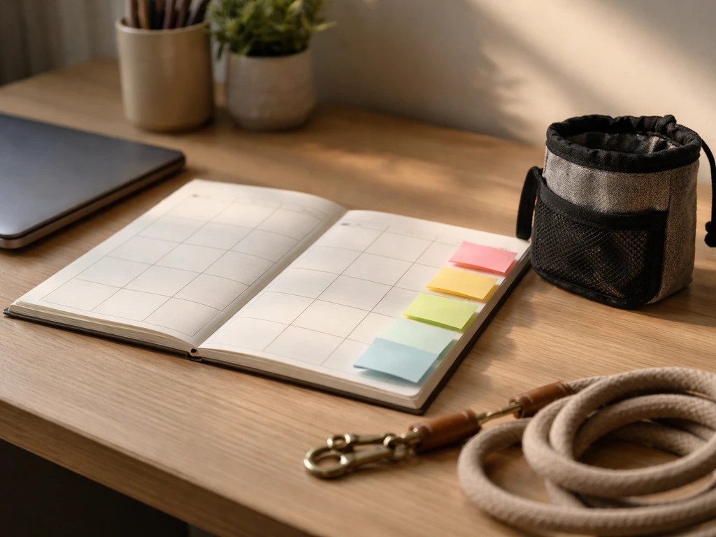 Minimal desk scene with a planner page and sticky notes, suggesting a bite-training progress timeline