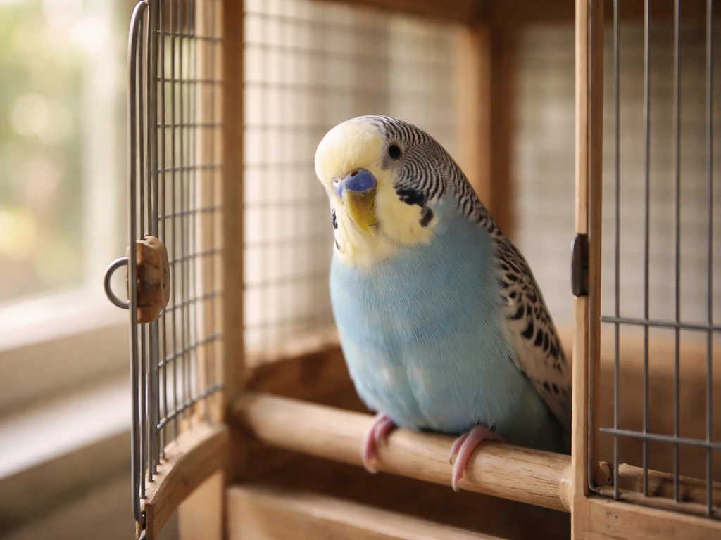 Calm budgie perched near an open cage door in soft natural light, showing trust and comfort