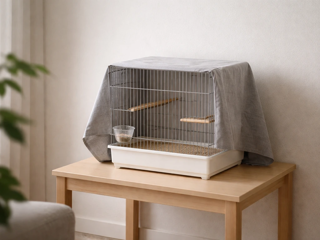 Quiet budgie cage setup in a calm living-room corner with partial cover, away from drafts and kitchen areas.