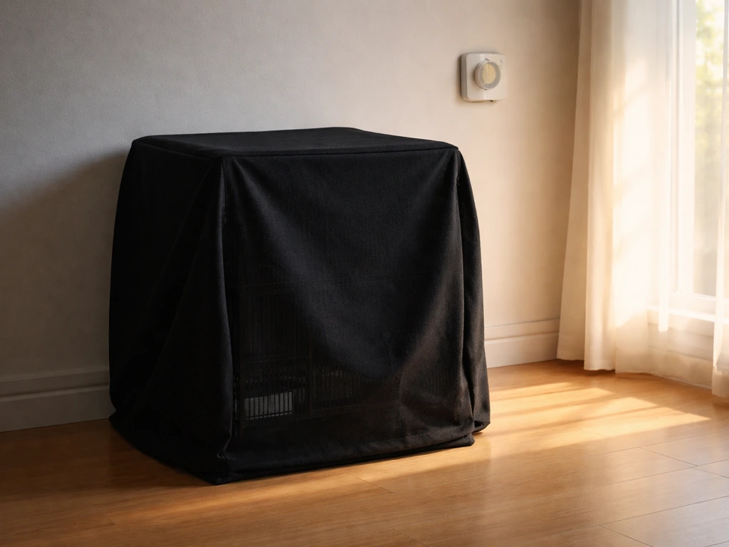 Birdcage with cover over at night and warm daylight nearby, suggesting a simple light-and-sleep routine