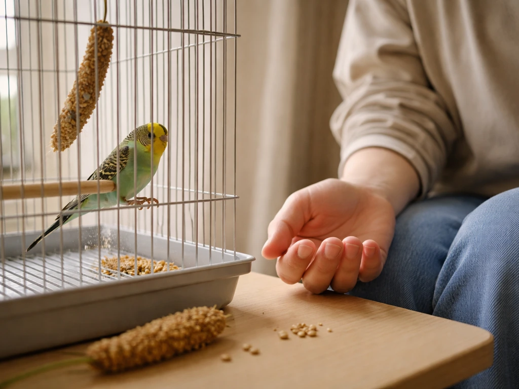 Calm person seated beside a bird cage with a low, still hand and millet treats nearby.