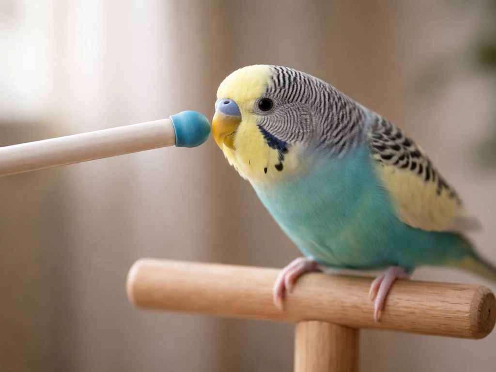 Budgie close-up touching a rounded target stick tip with its beak during training.