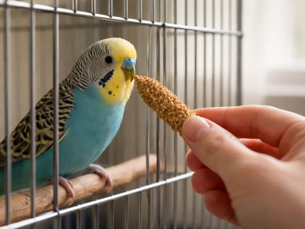 Close view of a small budgie near cage bars as a person offers millet treats safely through the cage