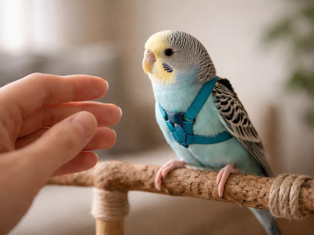 A small pet bird calmly perched wearing a snug harness near a trainer’s hand