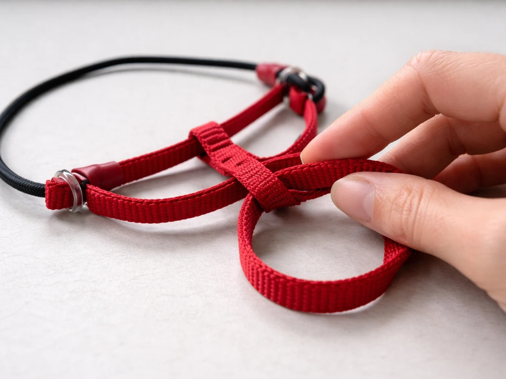 Close-up of an Aviator bird harness on a tabletop, with a hand checking snug strap fit points.