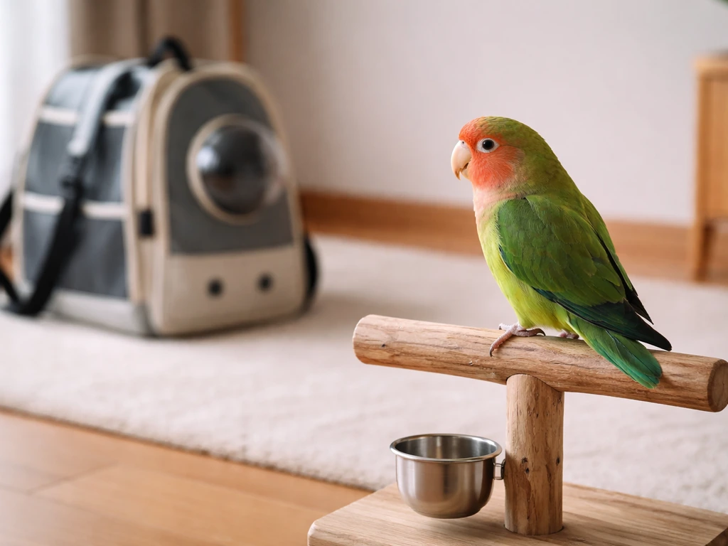 Small parrot on a perch in a living room, with a pet harness visible in the distant background.