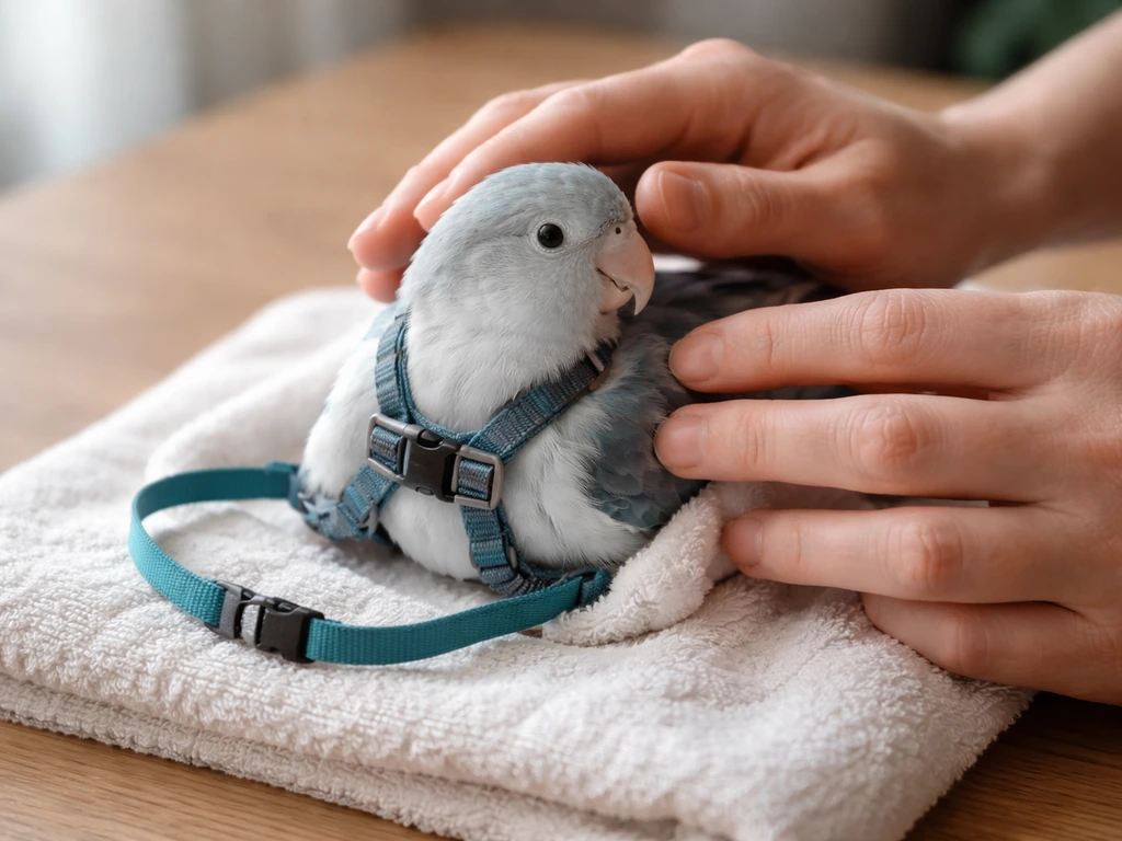 Trainer hands gently touch an unfastened harness on a small bird’s chest/back near the wings.
