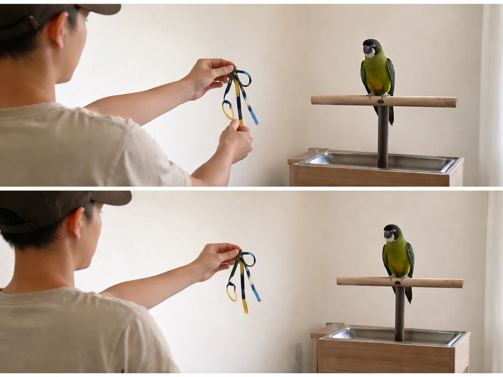 Trainer backs off harness distance while a small parrot stays calm indoors
