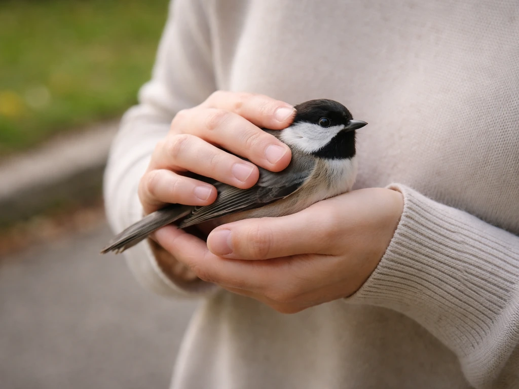 Anonymous person gently supports a small bird with a safe, even grip outdoors.