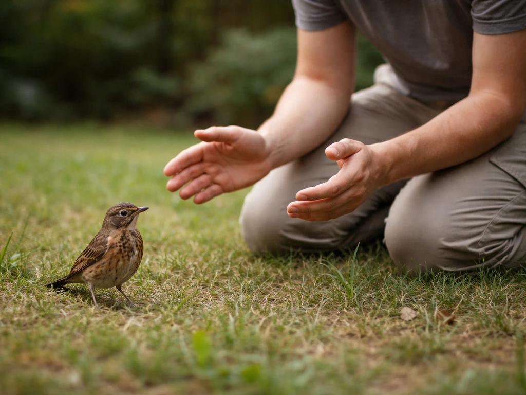 Kneeling rescuer holds hands back beside an alert wild bird on grass, pausing to assess before touching.
