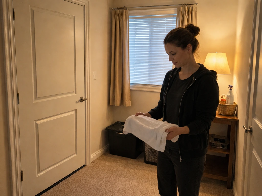 A person in a dim, closed-room setup preparing safely for handling a bird, with doors and windows shut.