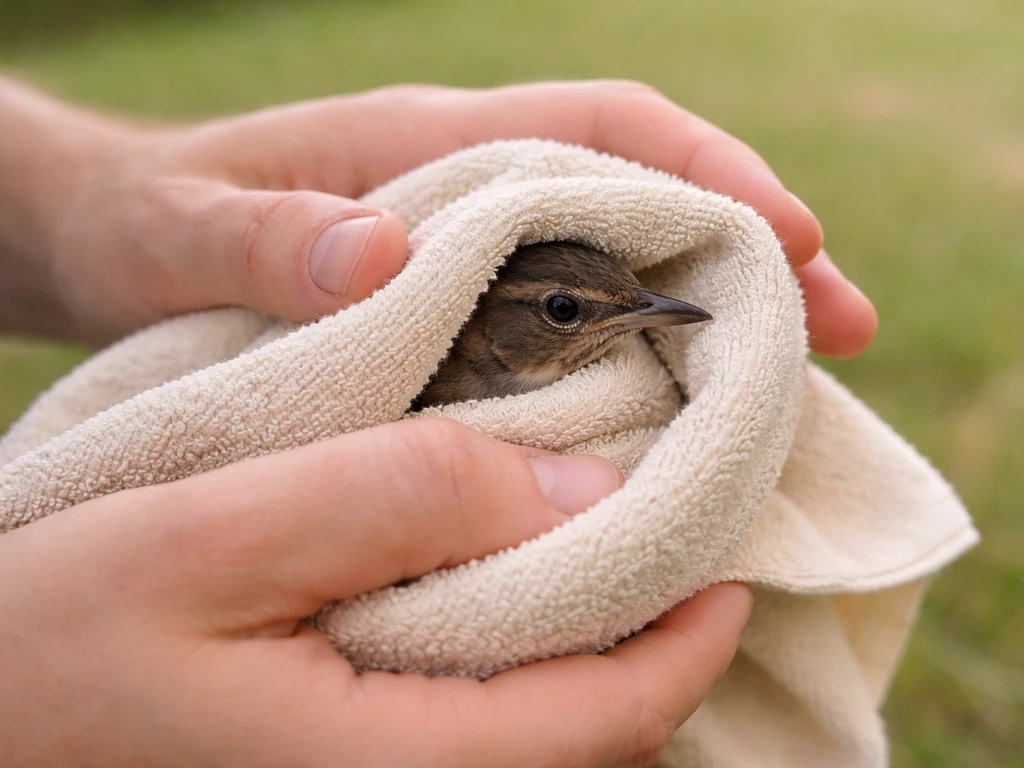 Wild bird gently restrained with a towel barrier while a handler supports it safely