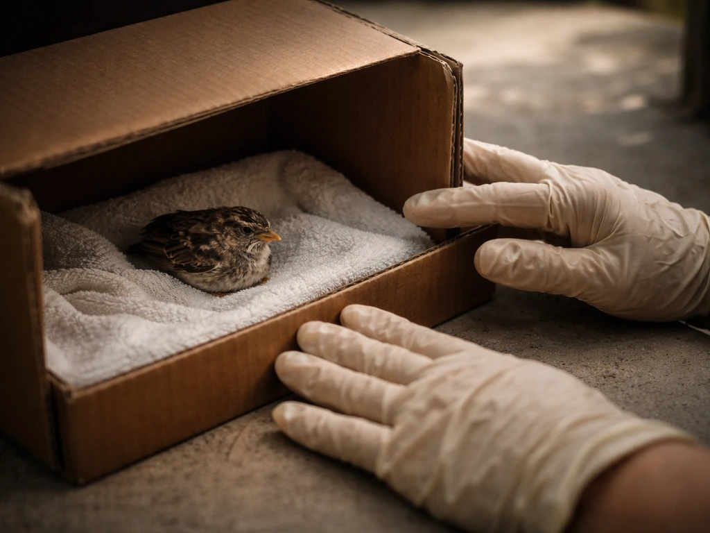 Rescued bird in a quiet covered holding box, handler gently checking for injuries without disturbance.