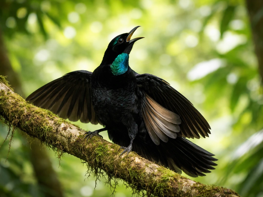 Male bird-of-paradise courtship display perched on a tree branch, wings spread in natural habitat.