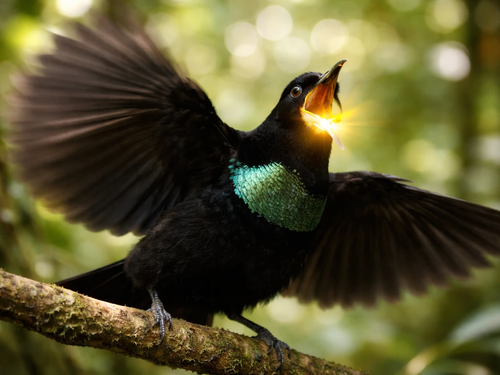 Close-up of a male Victoria’s riflebird mid-display with wings clapping, bright throat flare, natural light.