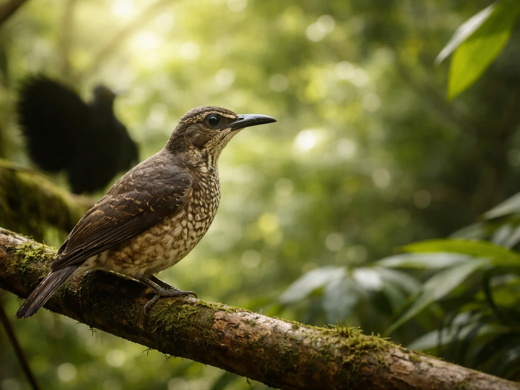 Female riflebird of paradise watching a male display from a nearby perch in soft forest light.