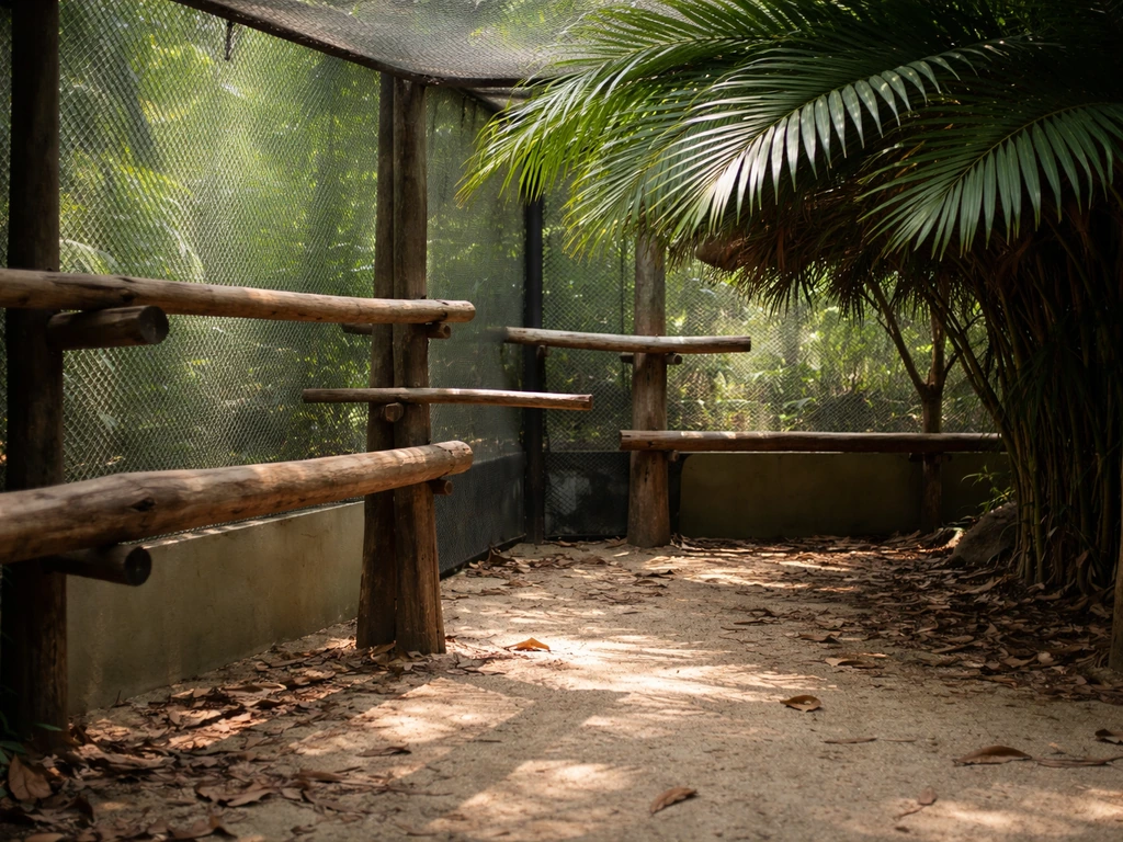 Minimal aviary interior with staged perches, cover foliage, and spaced sightlines for safe courtship.