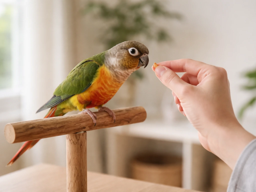 Colorful parrot calmly perched while a trainer offers a small treat nearby for positive reinforcement.