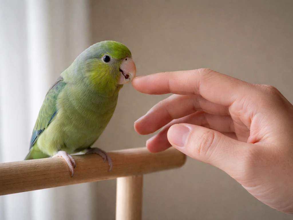 Close-up of a calm parrot on a perch while a trainer gently disengages their hand after a bite