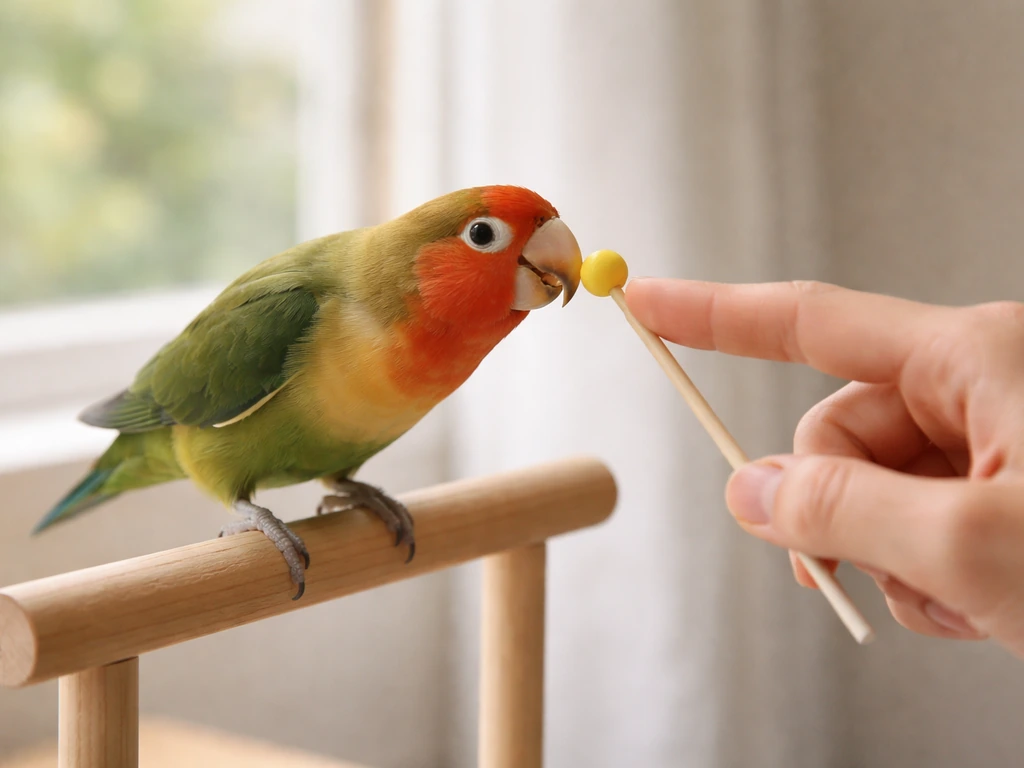 Small parrot calmly touches a trainer’s fingertip with its beak while holding a small perch stick.