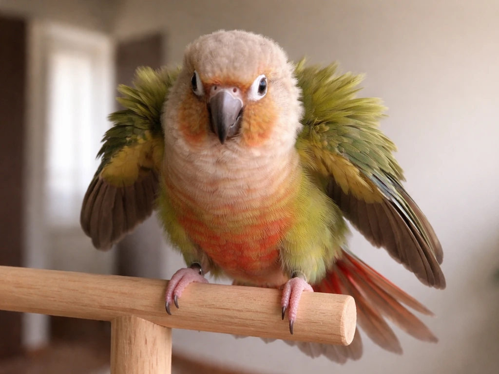 Close-up of a parrot perched with puffed feathers and guarded posture, showing warning fear cues.