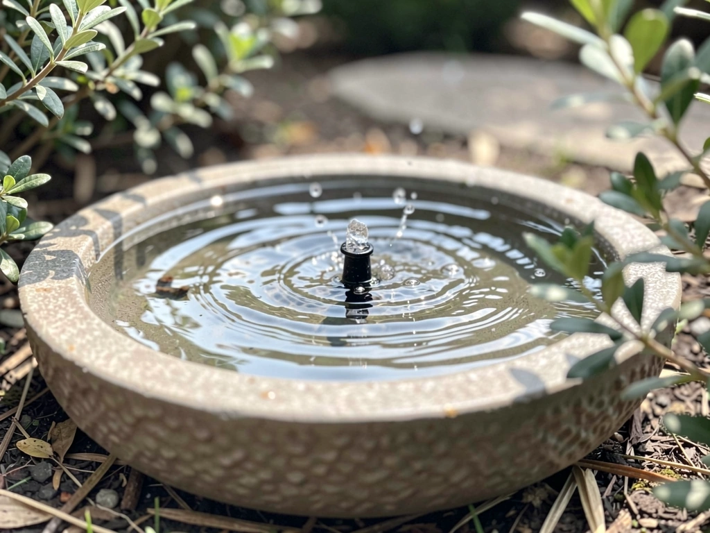 Shallow birdbath with textured surface and small fountain dripper creating ripples