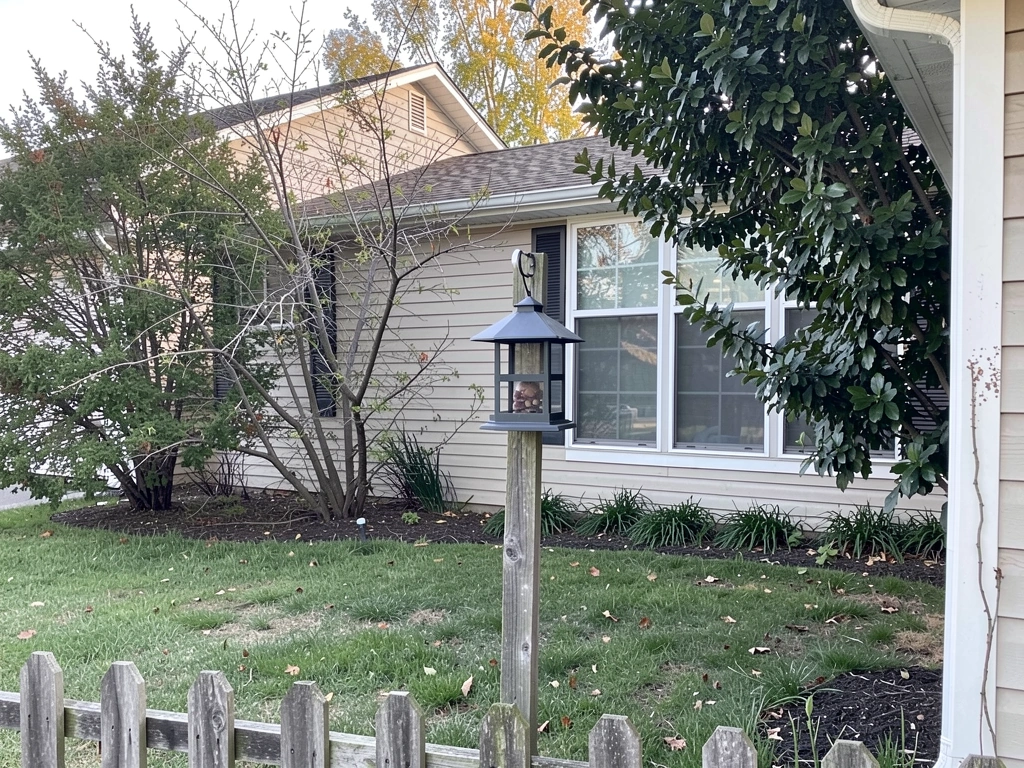Feeder mounted with proper height and safe spacing from tree cover and a window
