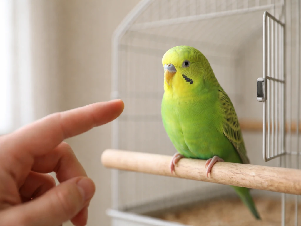 Calm parakeet perched by an open cage door with a nearby finger for a gentle step-up cue.