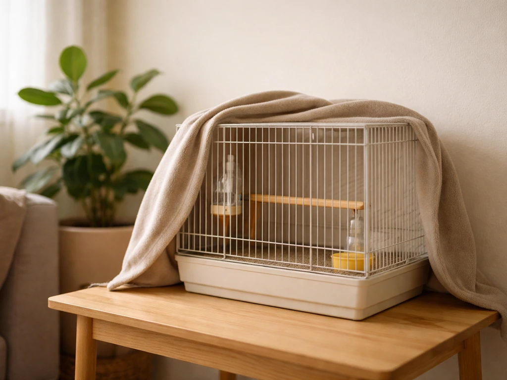 Quiet living-room corner showing a small birdcage set up calmly with a sheltered, low-stress feel.