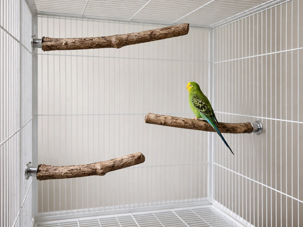 Green parakeet on a high safe perch with two lower wooden perches arranged at different heights