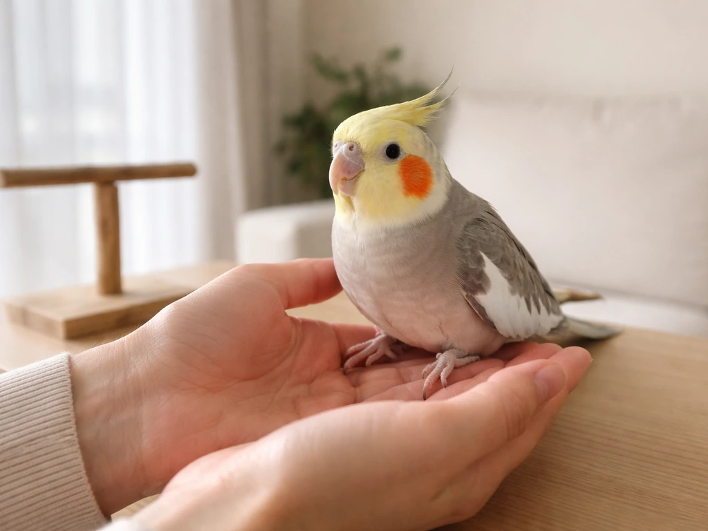 A cockatiel calmly steps onto an open hand in soft natural light, showing gentle, safe interaction.