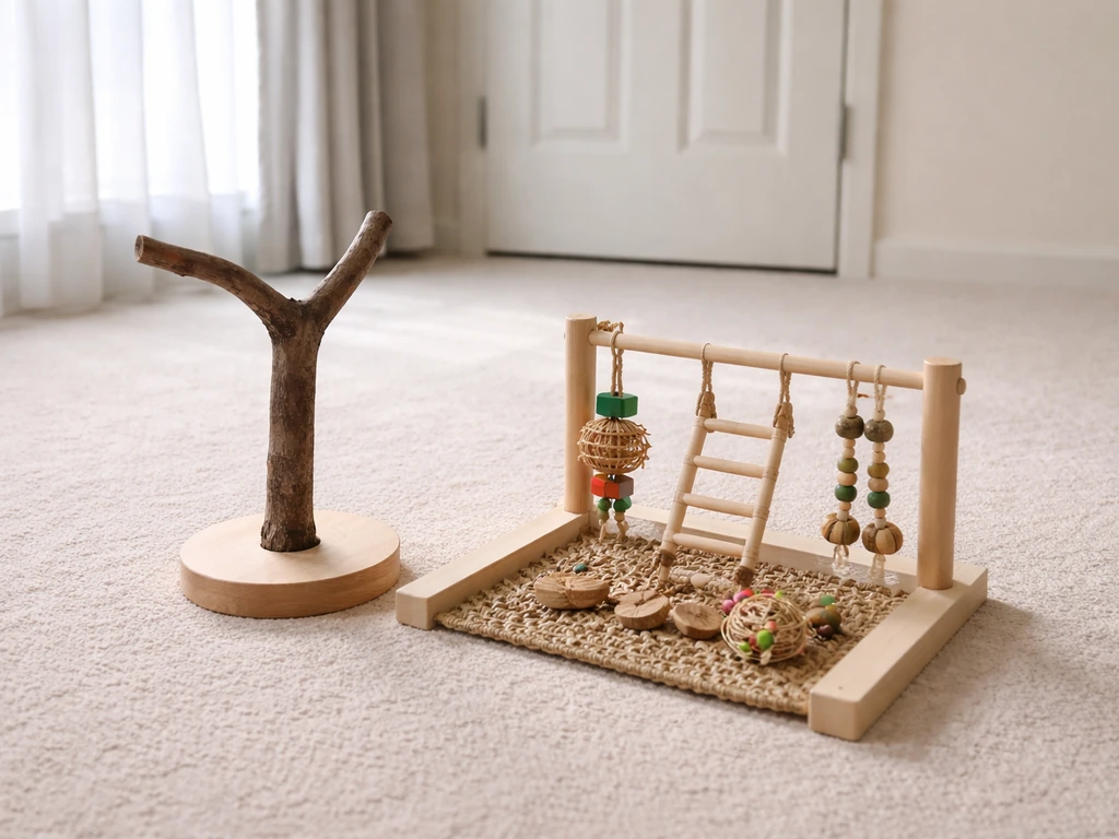 Bird-proofed room for out-of-cage cockatiel play with closed windows and a small perch/play gym