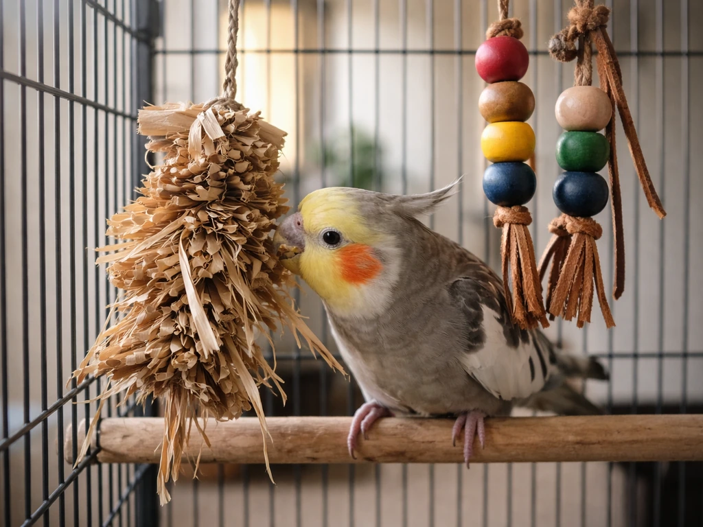 Cockatiel inside a simple bird cage investigating and chewing a shreddable toy, with hanging toys nearby.