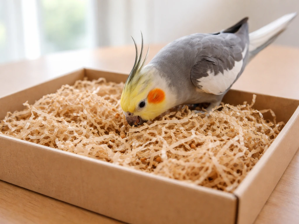 Small cockatiel foraging for hidden pellets in a simple DIY paper shred feeder container