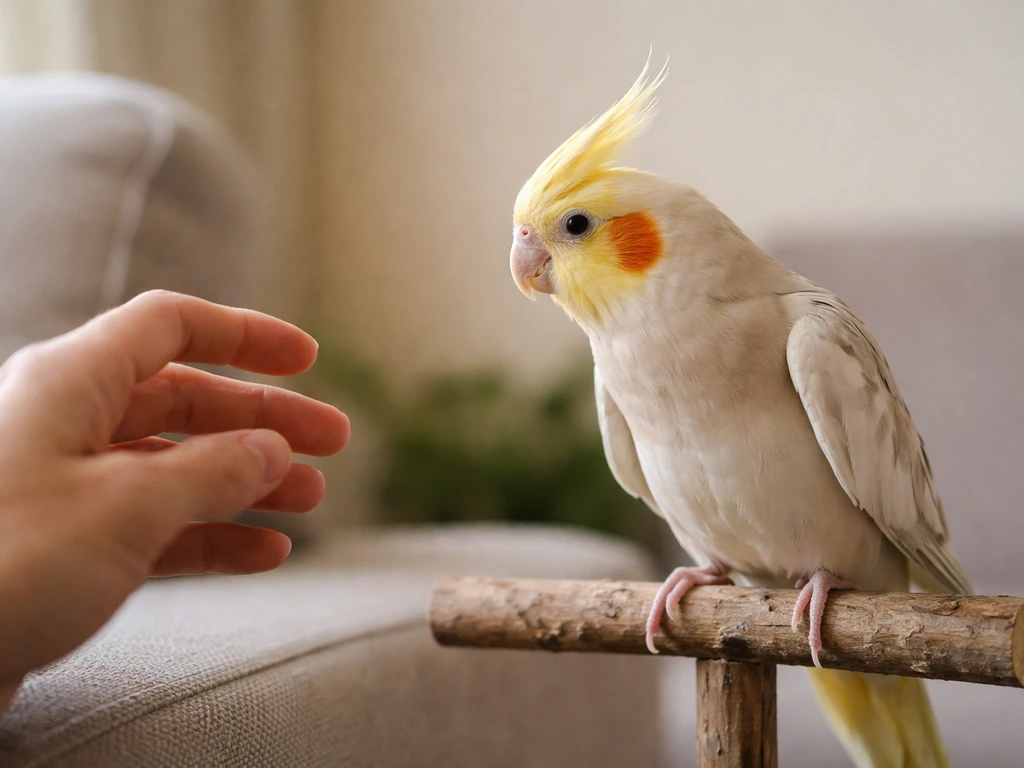 A cockatiel perched near the edge of a couch, leaning away with a raised crest; a calm, non-cornering hand nearby.