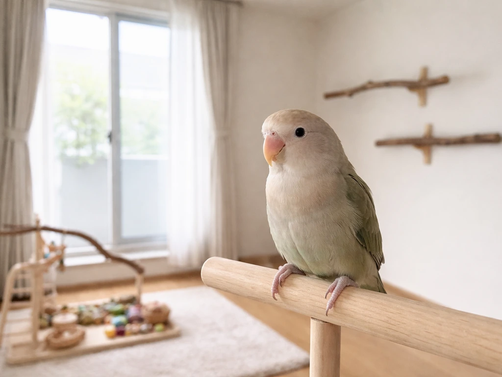 Small pet bird perched in a bird-proofed room with safe perches and closed, secured windows.