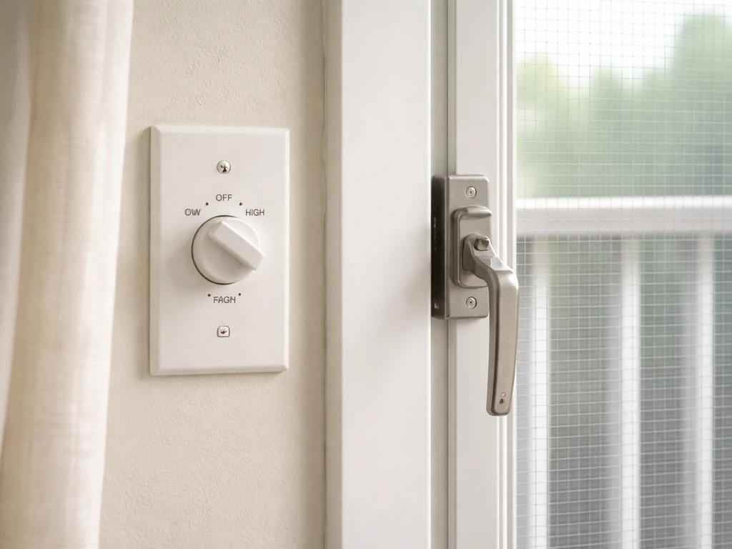 Ceiling fan switched off and a window/door latch secured with a clear bird-safe barrier.