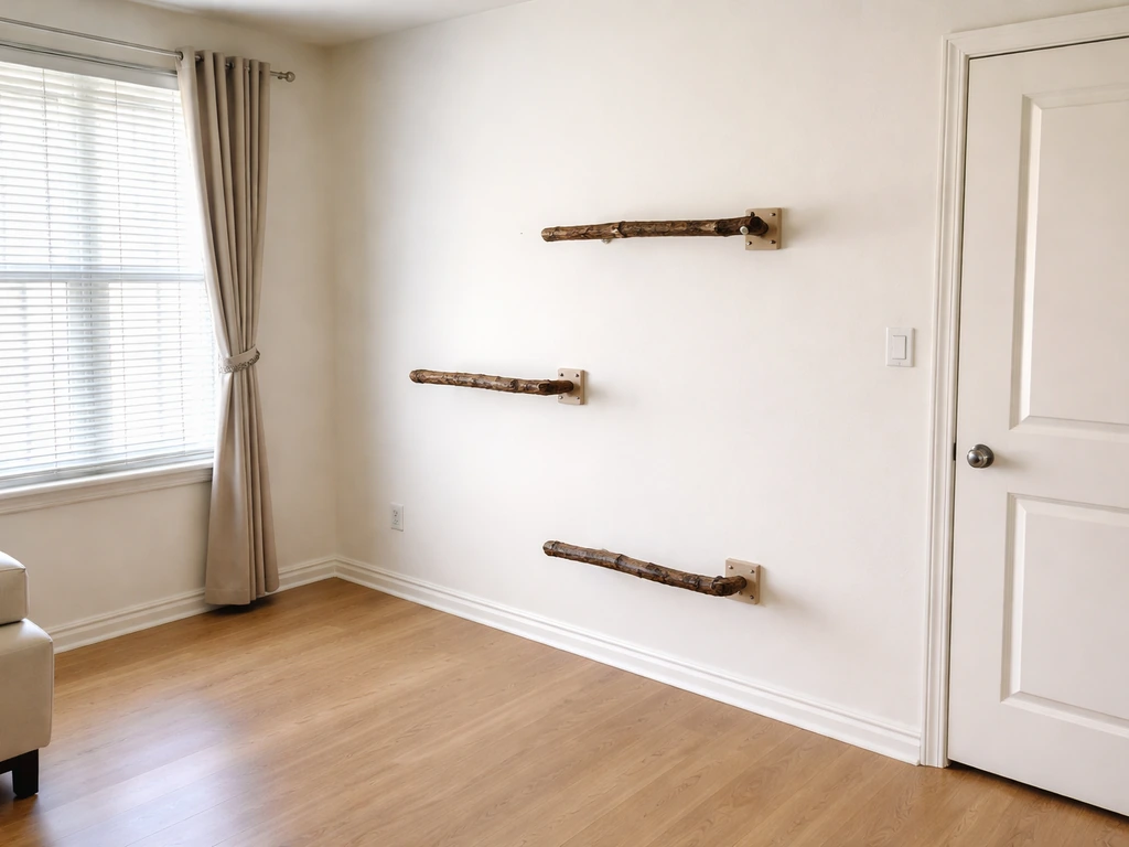 Bright room with multiple indoor perches at different heights and secure window coverings and latches.