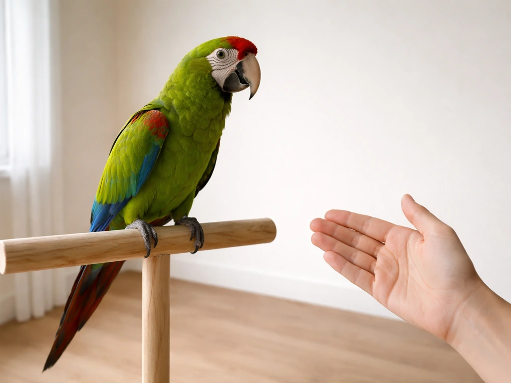 Parrot calmly perched while a hand offers a gentle step-up cue beside the perch in a quiet room