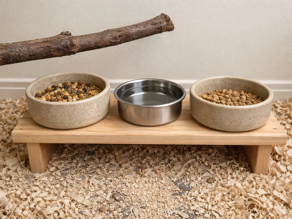 Two heavy ceramic feeding dishes and a stainless water bowl at perch height in a simple bird roaming area.