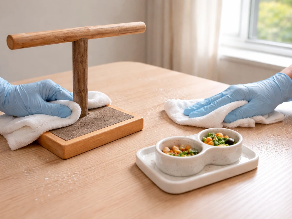 Hands wiping a bird-safe perch and food station in a sunlit indoor roaming space