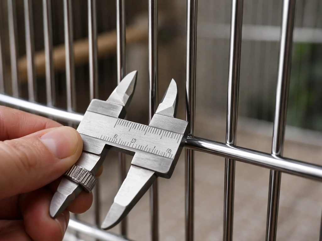Close-up of metal cage bars with a caliper measuring bar spacing to illustrate head entrapment risk