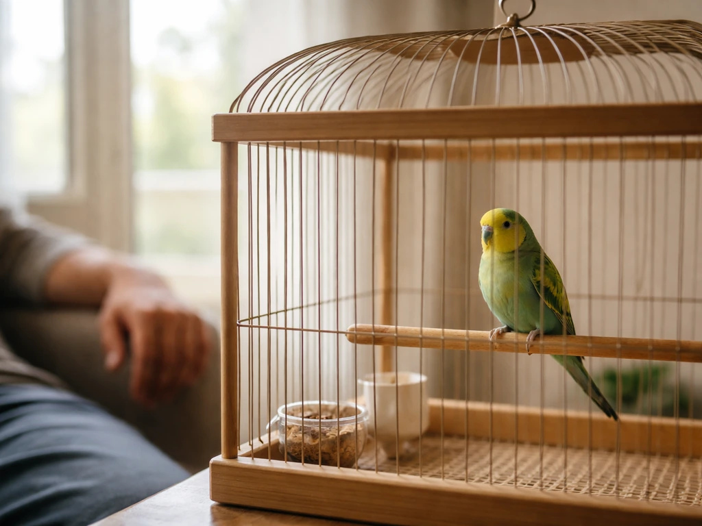Pet bird calmly watching from its cage while an owner sits nearby, day-one bonding without handling.