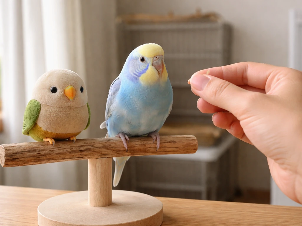 Small pet bird perched near an open hand offering a treat beside a toy target for step-up training.