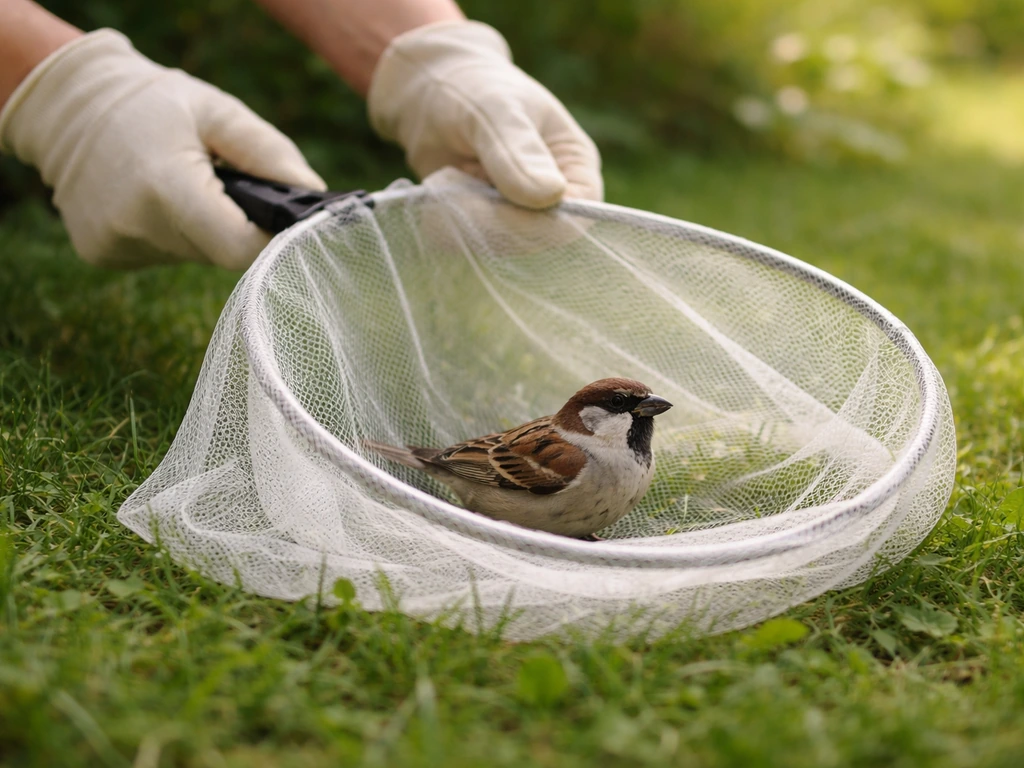 A fine-mesh butterfly net held gently near a small bird in a calm, safe outdoor setting.