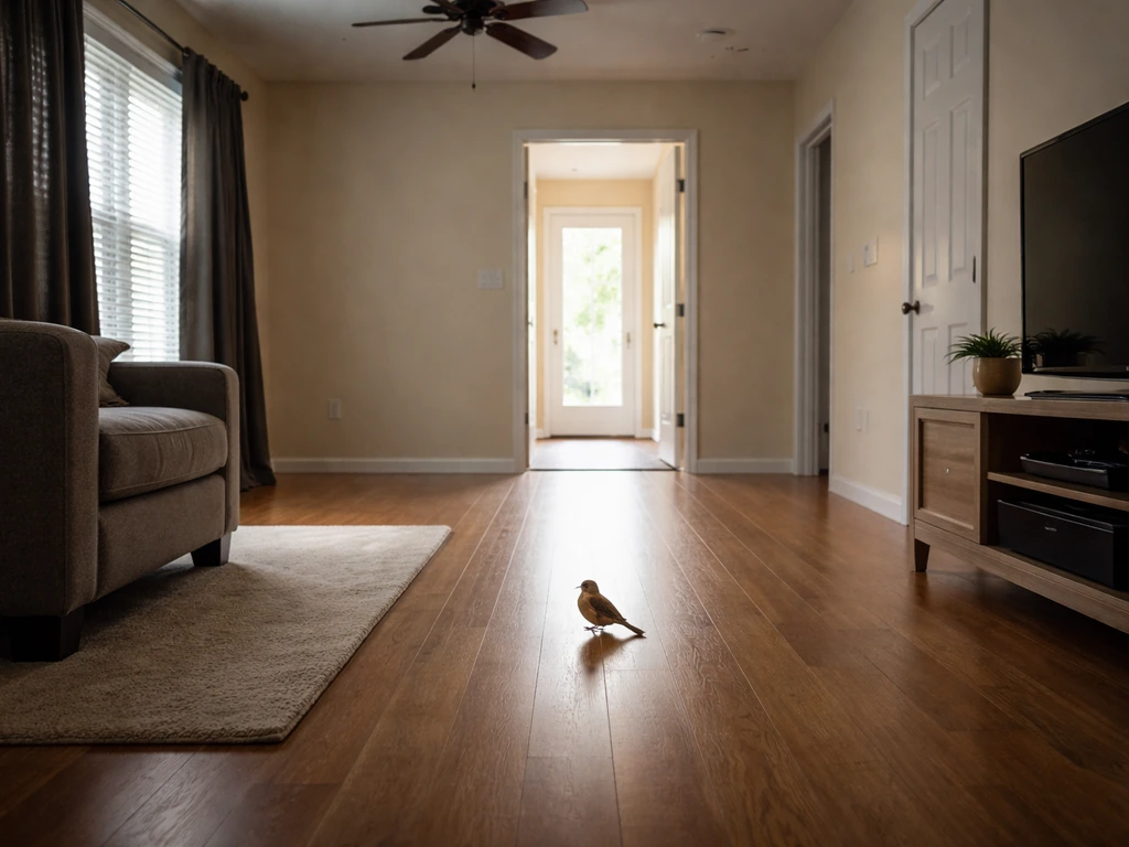 Quiet room with windows covered and doors closed, a small bird on the floor near a clear path