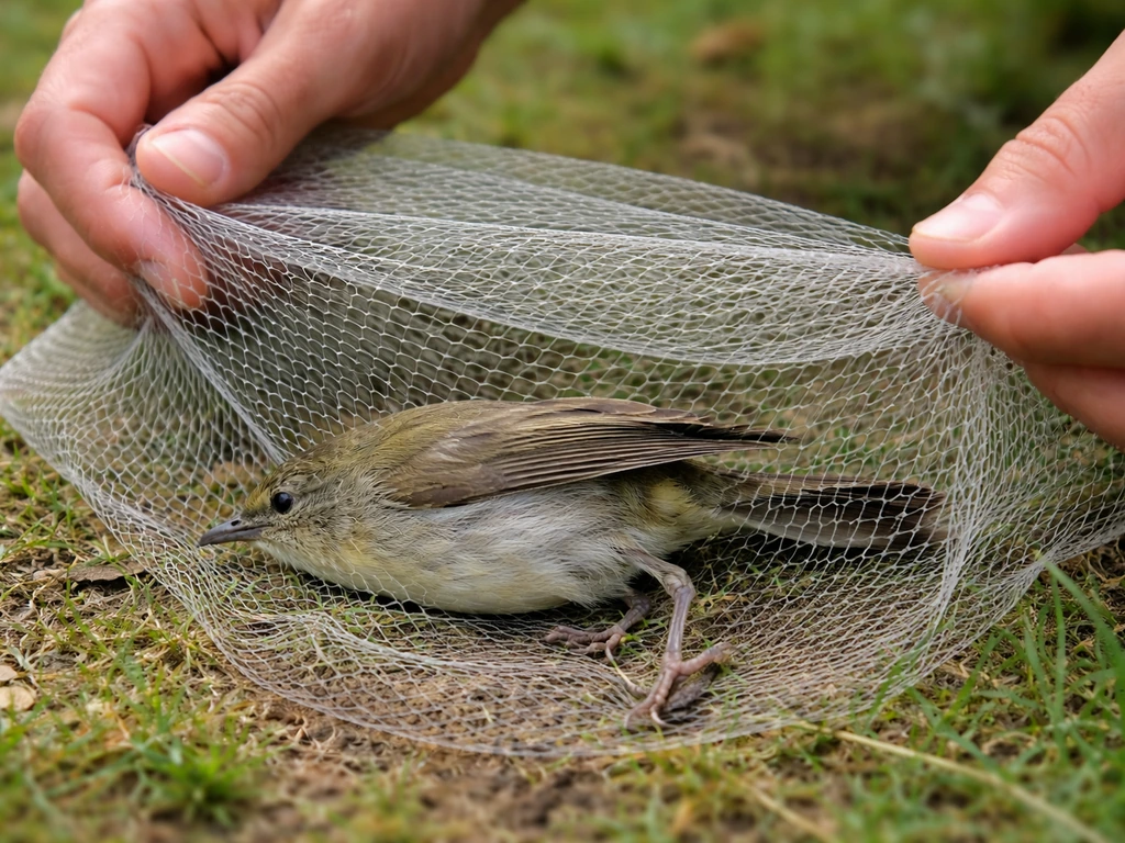 A careful wildlife handler holds a fine-mesh net as a bird’s wing and leg remain free.